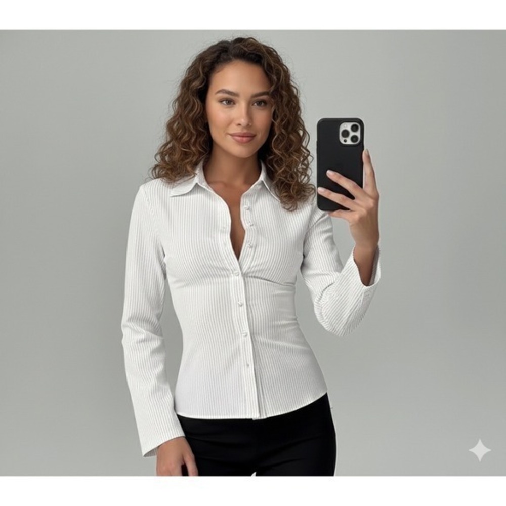 Princess Polly Anni white Pinstripe Button Up Shirt Fitted Long Sleeve Women 6